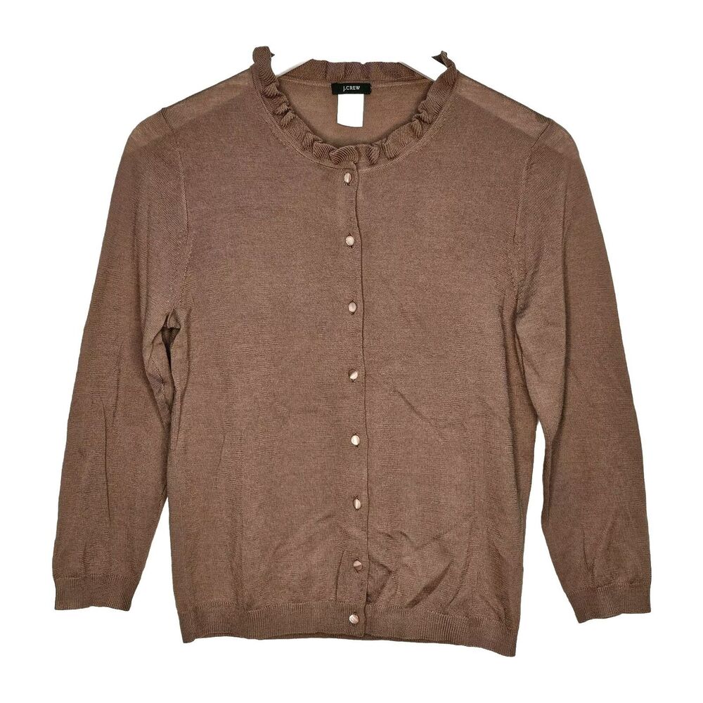 J. Crew Merino Wool Brown Ruffled Cardigan Sweater Medium Preppy Fall Career